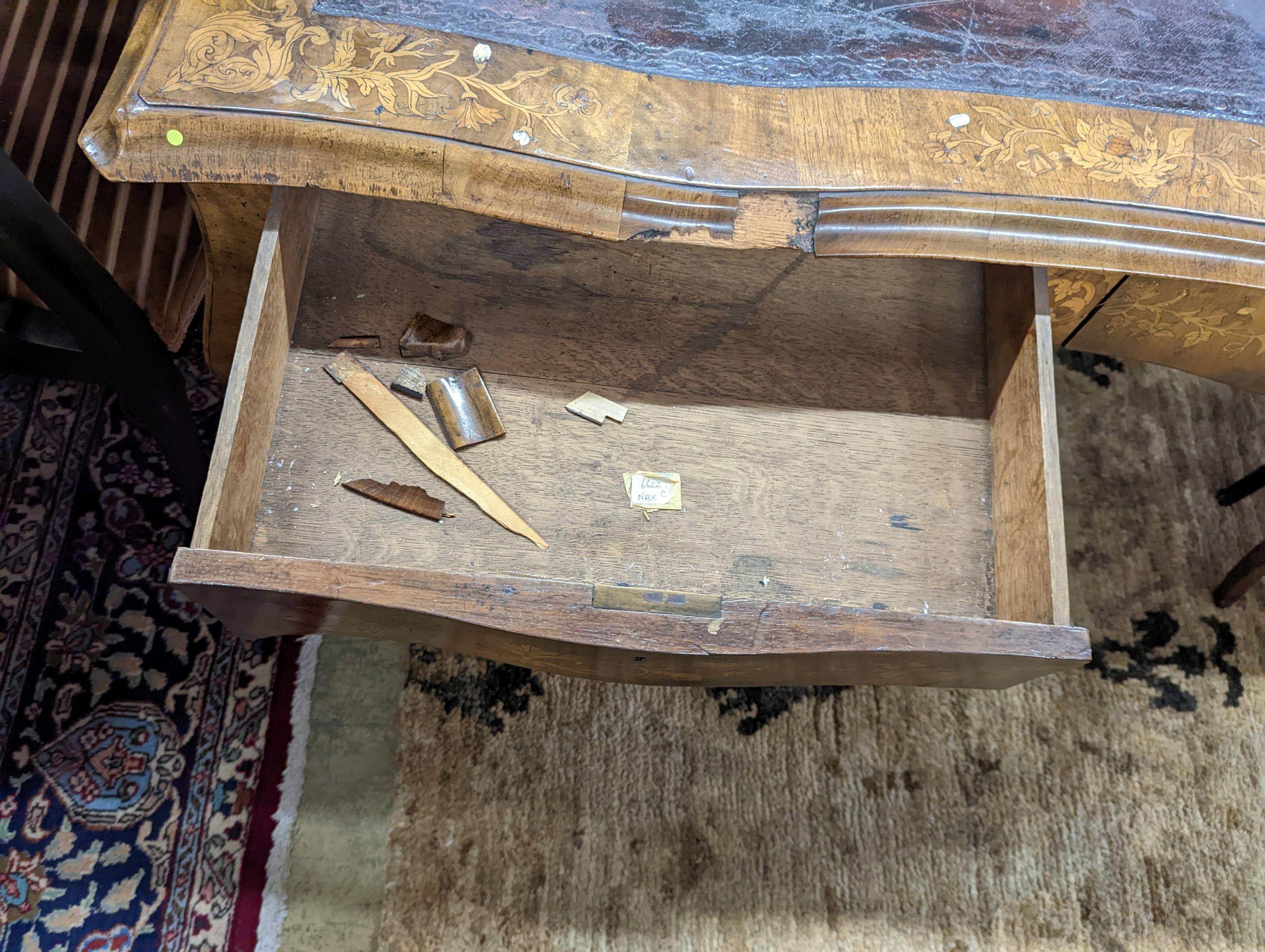 A 19th century mother of pearl and marquetry inlaid writing table, width 120cm, depth 65cm, height 73cm